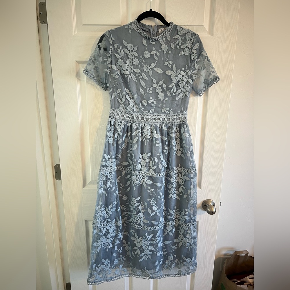 Dusty Blue Floral Lace Dress